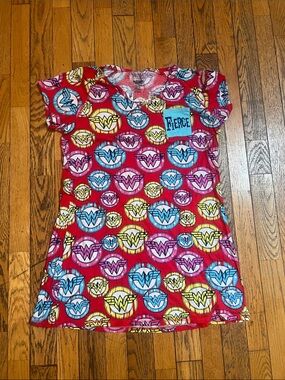DC Girls' Red Wonder Woman Print Nightgown with Blue 'Fierce' Patch